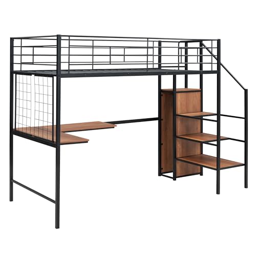 Twin Size Black Metal Loft Bed with Wardrobe and L-Shape Desk V31870