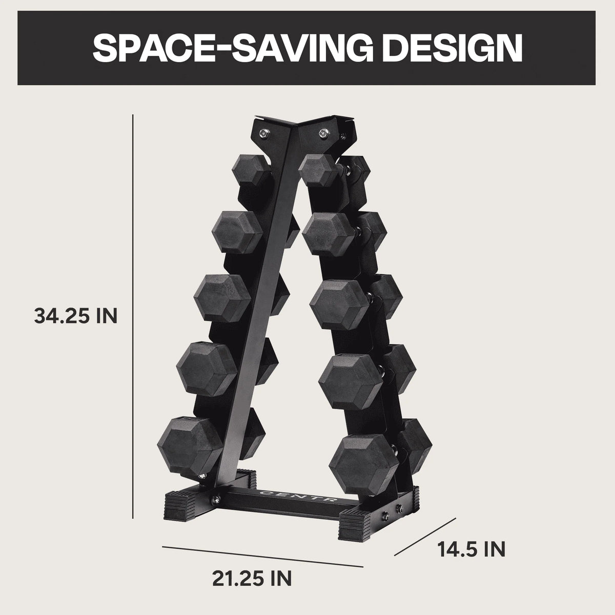 150 lb Rubber Hex Dumbbell Set with Rack J4250