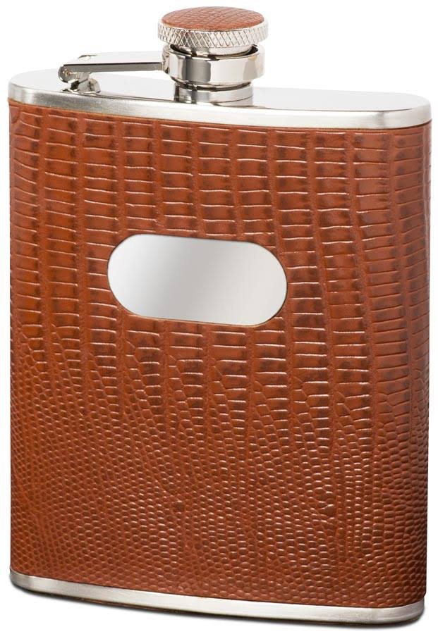 Lizard Pattern Havana Leather Stainless Steel 6oz Hip Flask D8030