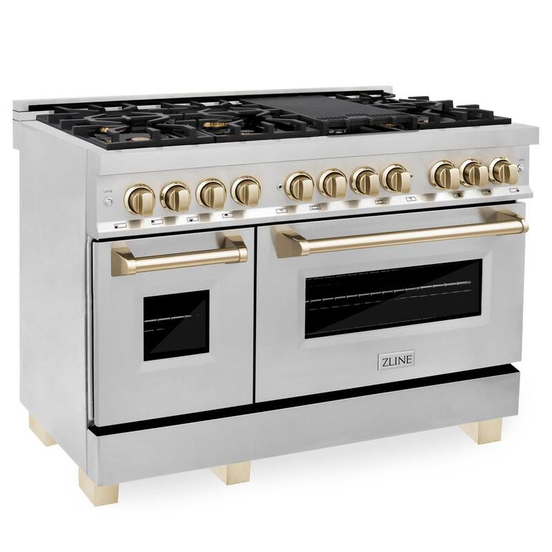 48 in. 7 Burner Double Oven Dual Fuel Range in Stainless Steel and Polished Gold S248