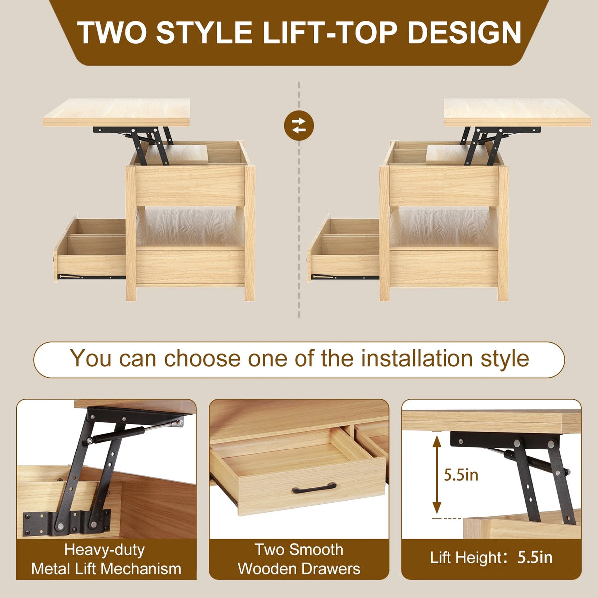 Lift Top Coffee Table with 2 Storage Drawer W68961