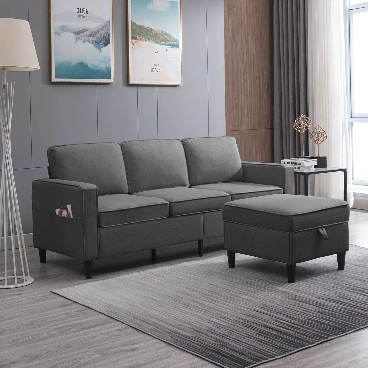 Dark Gray L-Shaped Sectional Sofa with Storage Ottoman O4574