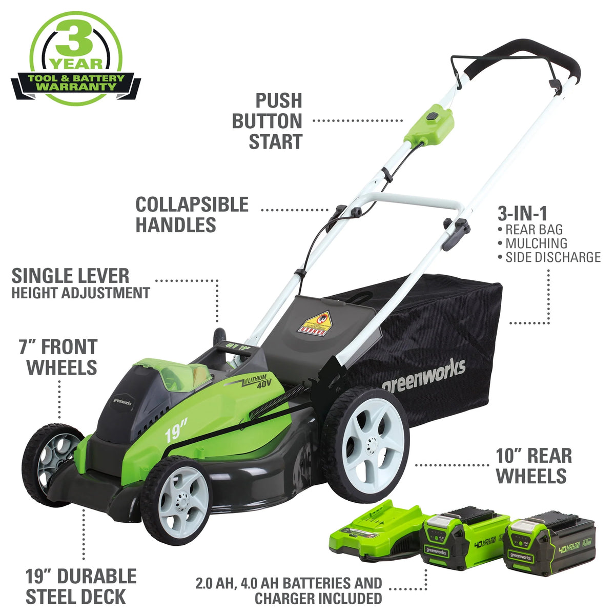 40V 19 Brushless Walk-Behind Lawn Mower with Battery & Charger C3577