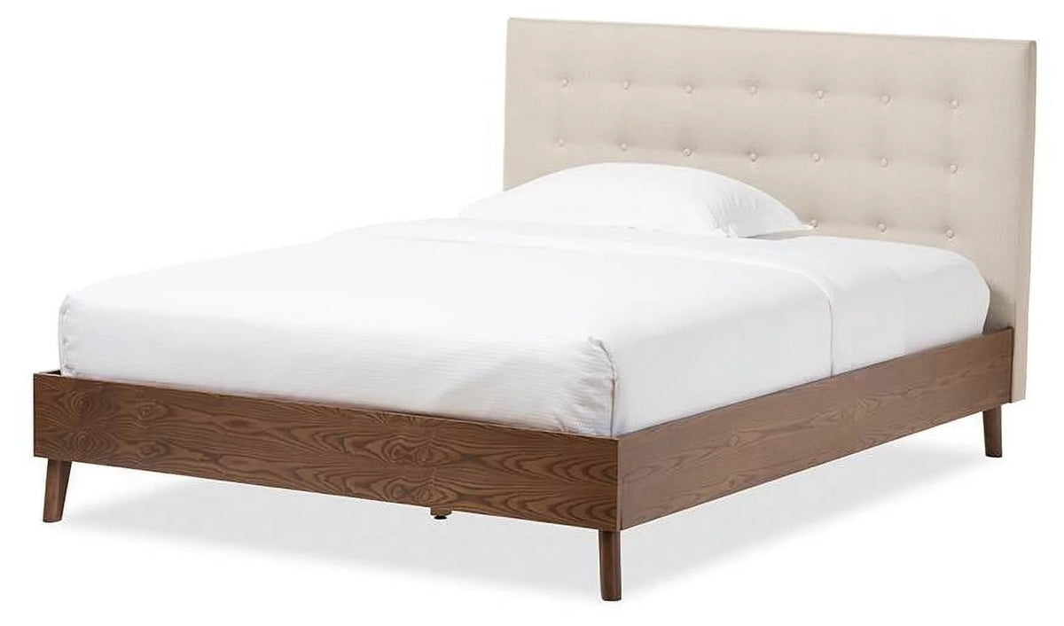 Mid-century Modern Fabric Upholstered Walnut Wood Platform Bed Z36251