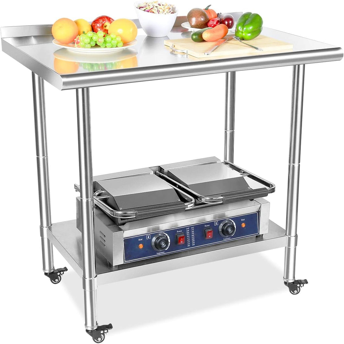 Stainless Steel Work Table with Casters, Backsplash, Adjustable Undershelf I7840