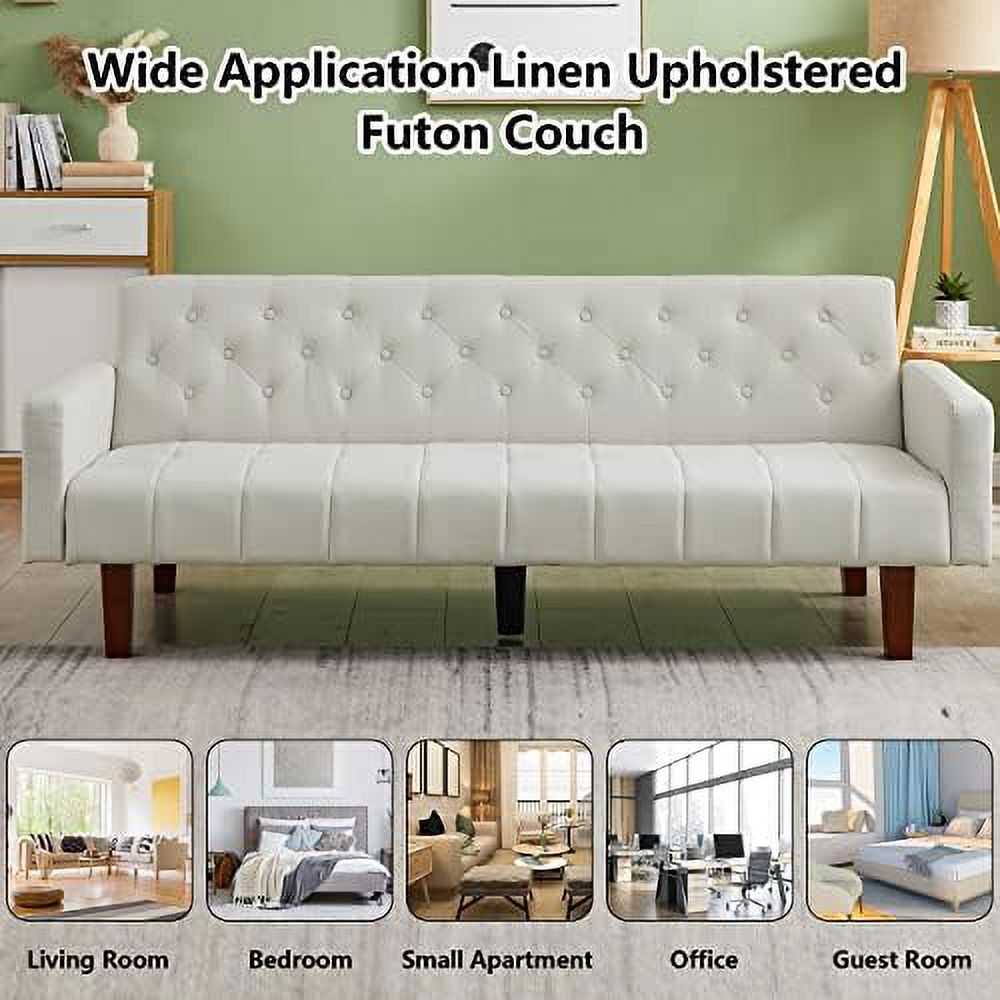 Grey Linen Upholstered Futon Sofa Bed 74" Tufted 3 Seater Q330