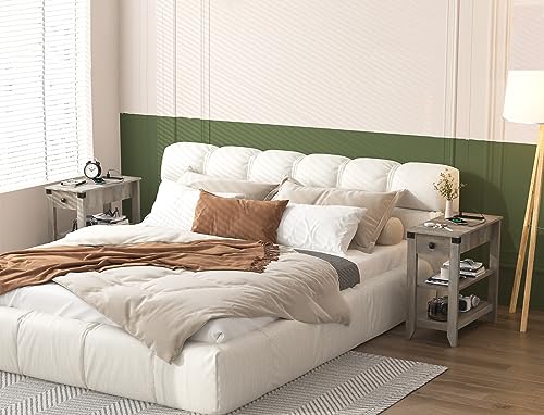 Set of 2 Narrow Side Table with Charging Station and Storage Drawer Rustic Grey N7894