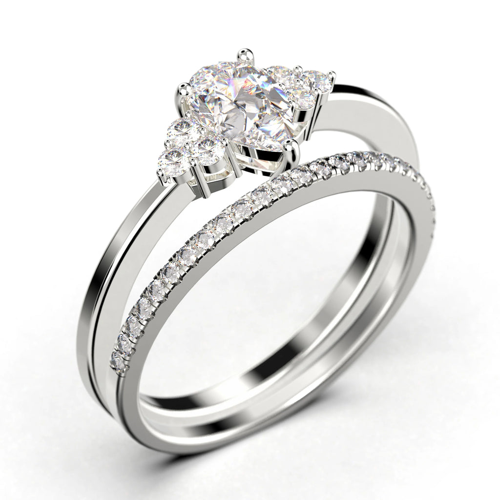 Pear Cut Moissanite Engagement Ring in 10k Solid White Gold Bridal Set C4921