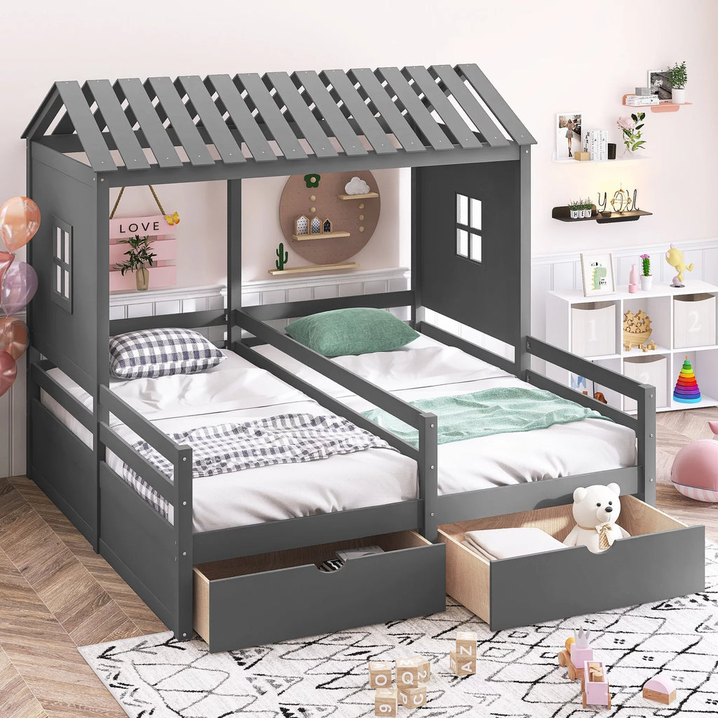 Twin Size House Platform Bed with Two Drawers P719