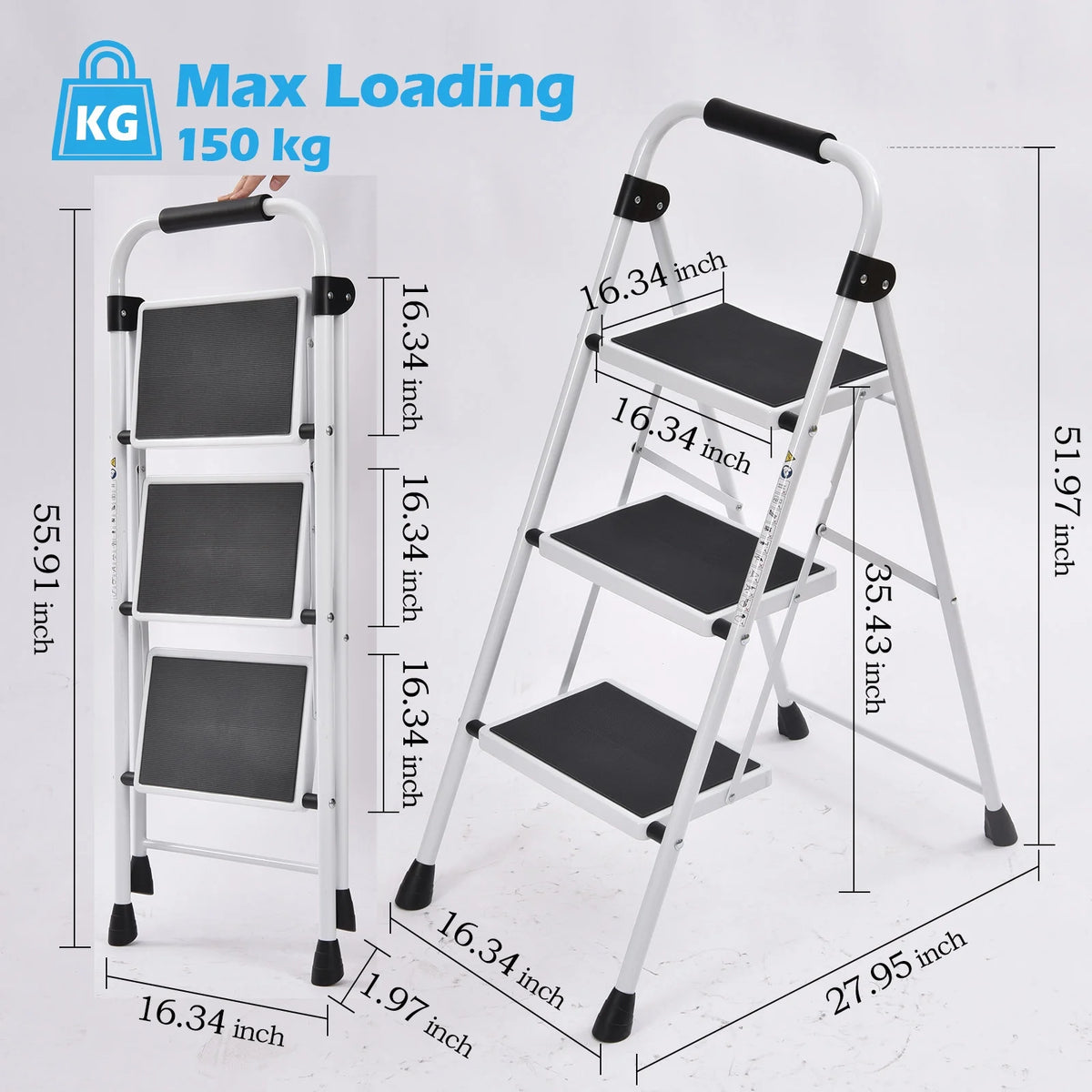 3 Step Folding Step Stool with Handrail White W595727