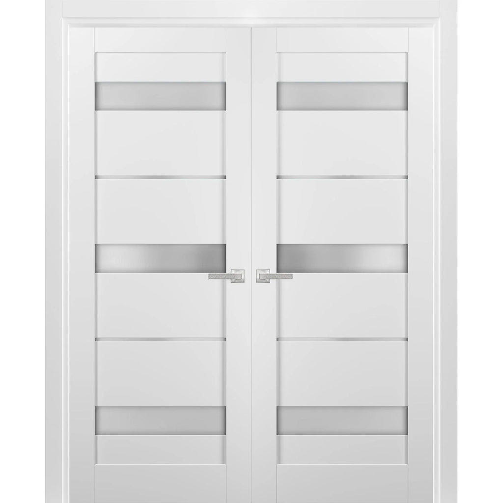 French Double Panel Lite Doors 36 x 80 with Hardware White Silk Frosted Opaque Glass Interior Door L909