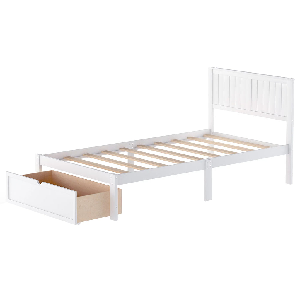 White Twin Wood Platform Bed with Headboard and Storage Drawer X383548