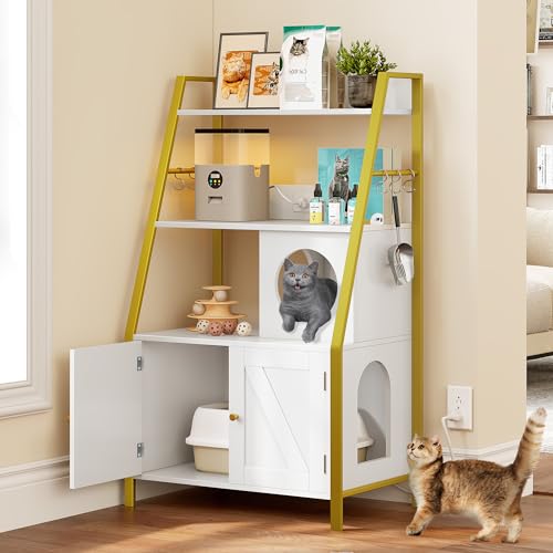 Gold White Wooden Cat Litter Box Enclosure with Shelves M825