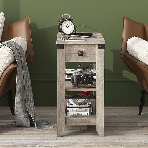 Set of 2 Narrow Side Table with Charging Station and Storage Drawer Rustic Grey N7894