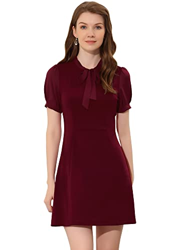 Tie Neck Puff Short Sleeve Office Work Dress U771