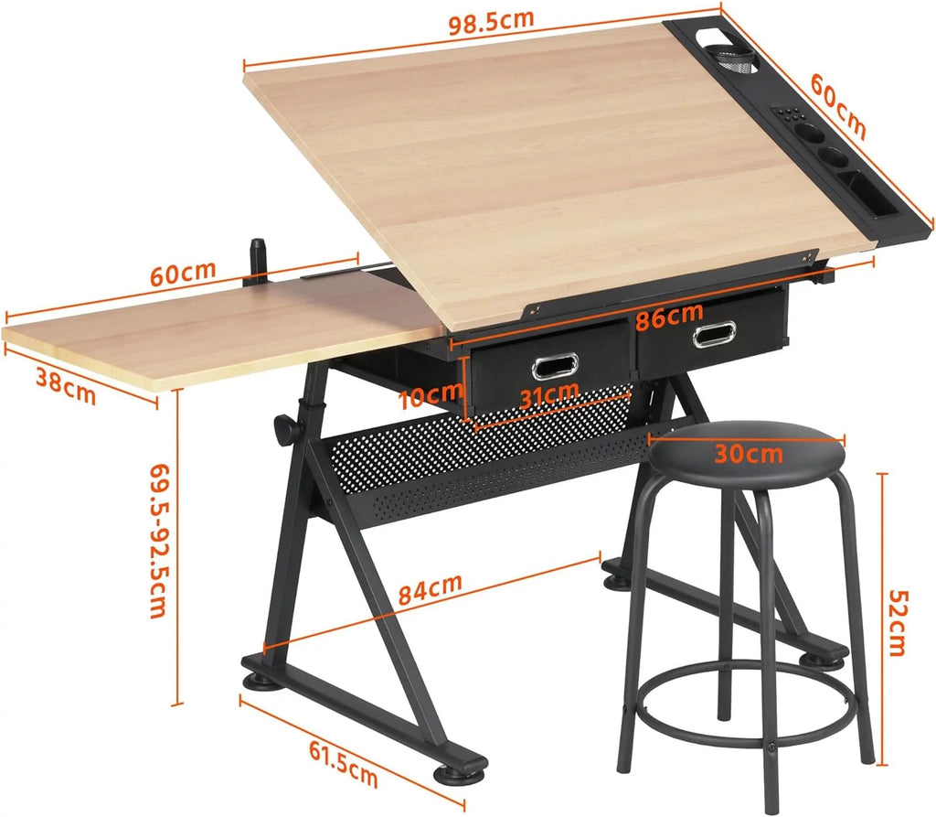 Height Adjustable Drafting Table with 2 Storage Drawers and Stool L86986