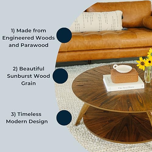 Caramel Brown Round Wood Coffee Table with Shelf Storage D6149