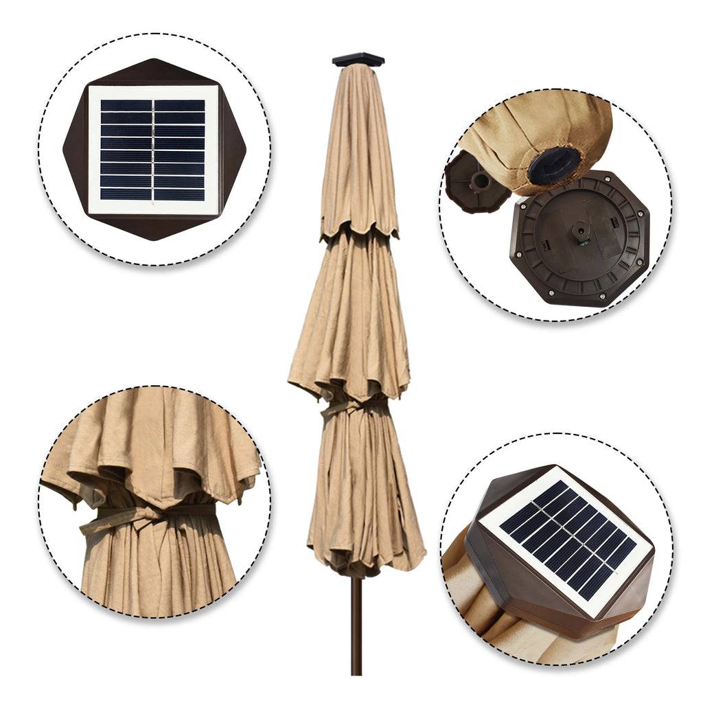 Tan 9ft 3 Tiers Market Umbrella with 80 LED Lights V6070