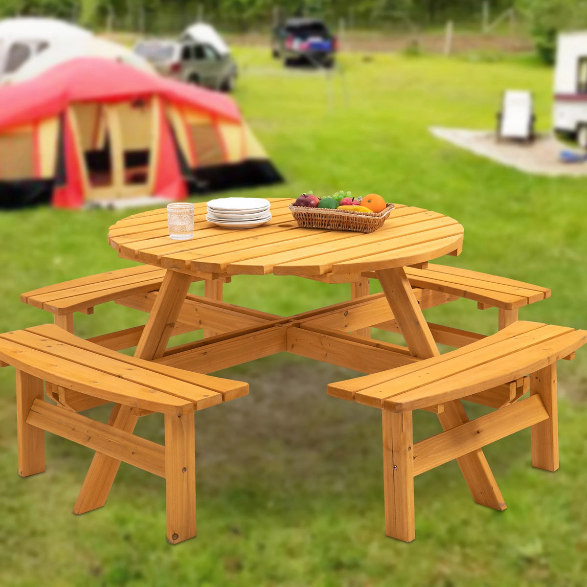 8-Person Wooden Picnic Table with 4 Built-in Benches L878195