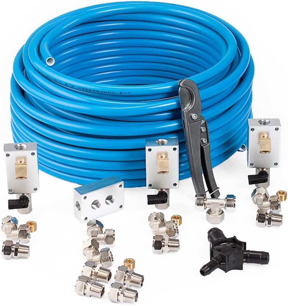 100 Foot 0.5 Inch Semi Flexible Compressed Air Tubing Accessories Master Kit with Filter Regulator and Gauge and 2 Foot Jumper Hose O412402