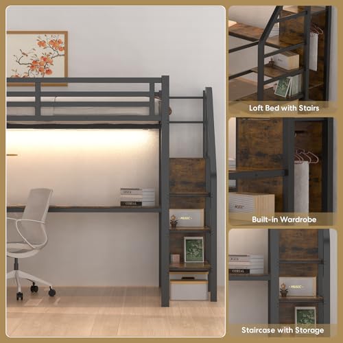 Full Size Metal Loft Bed with Desk and Wardrobe B732