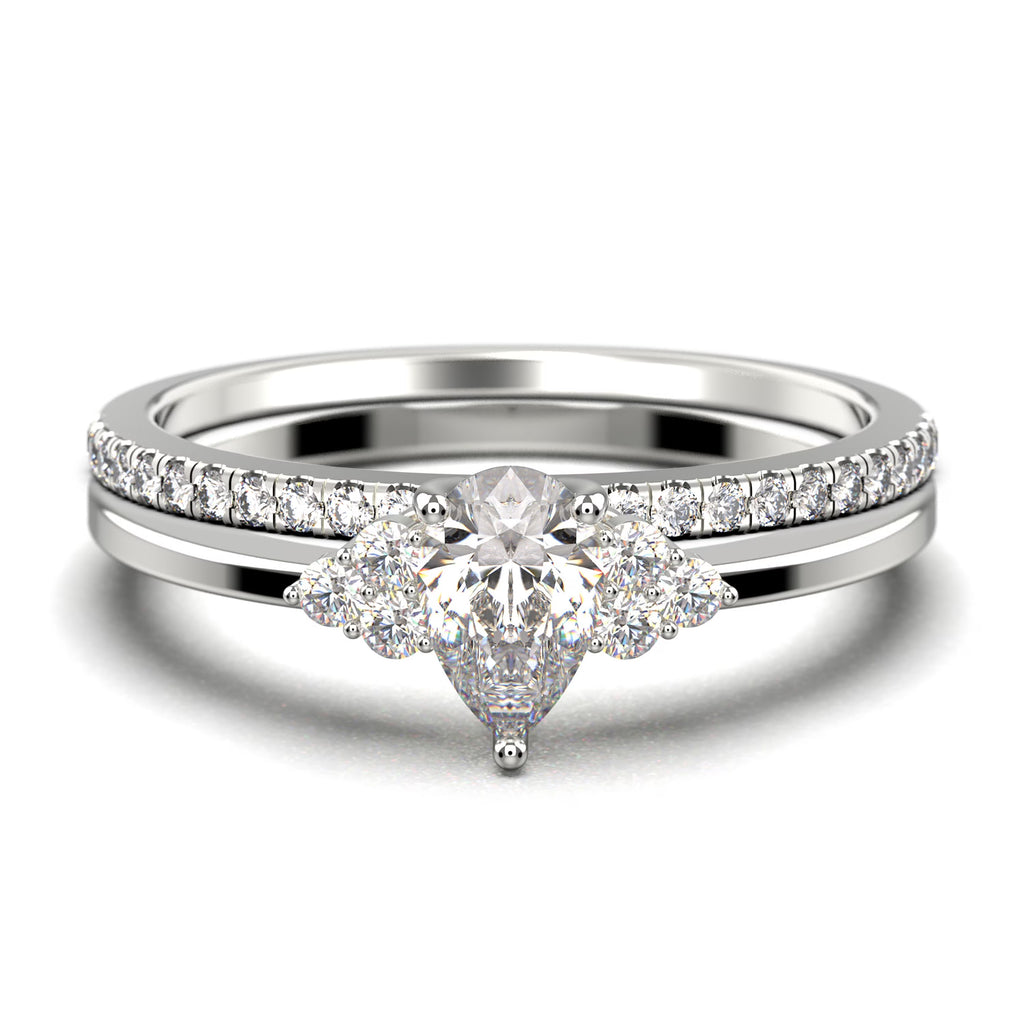 Pear Cut Moissanite Engagement Ring in 10k Solid White Gold Bridal Set C4921