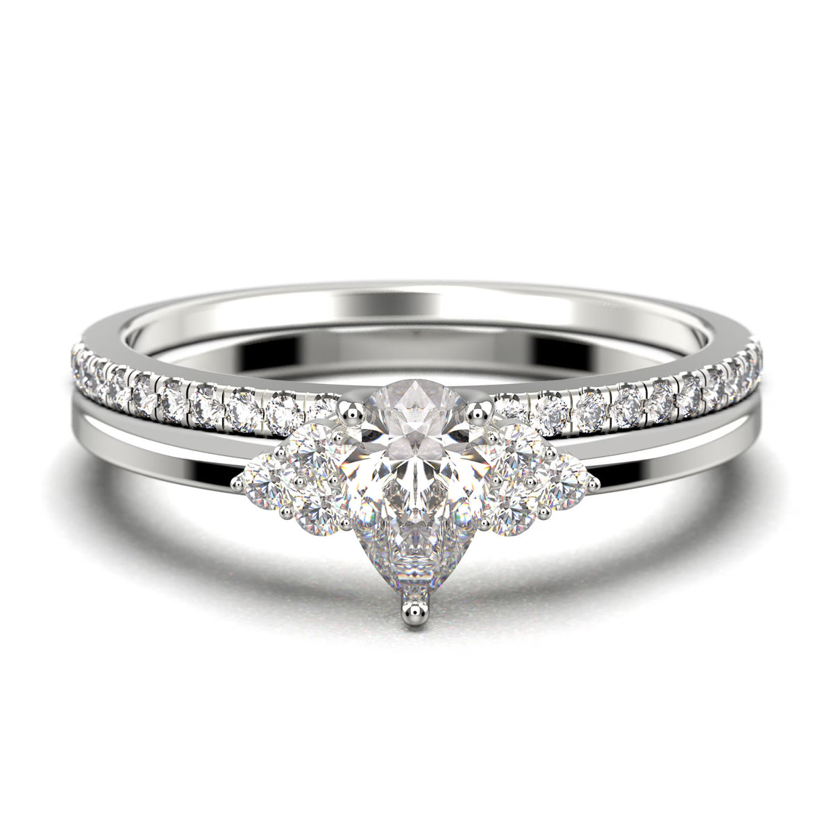 Pear Cut Moissanite Engagement Ring in 10k Solid White Gold Bridal Set C4921