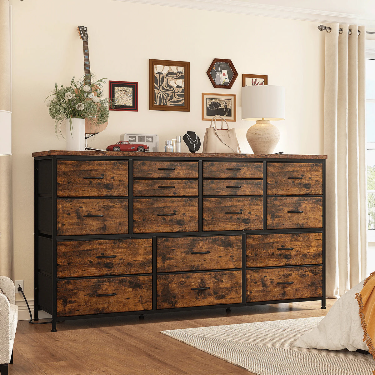 Black 16 Drawer Fabric Dresser TV Stand with Power Outlet F2388