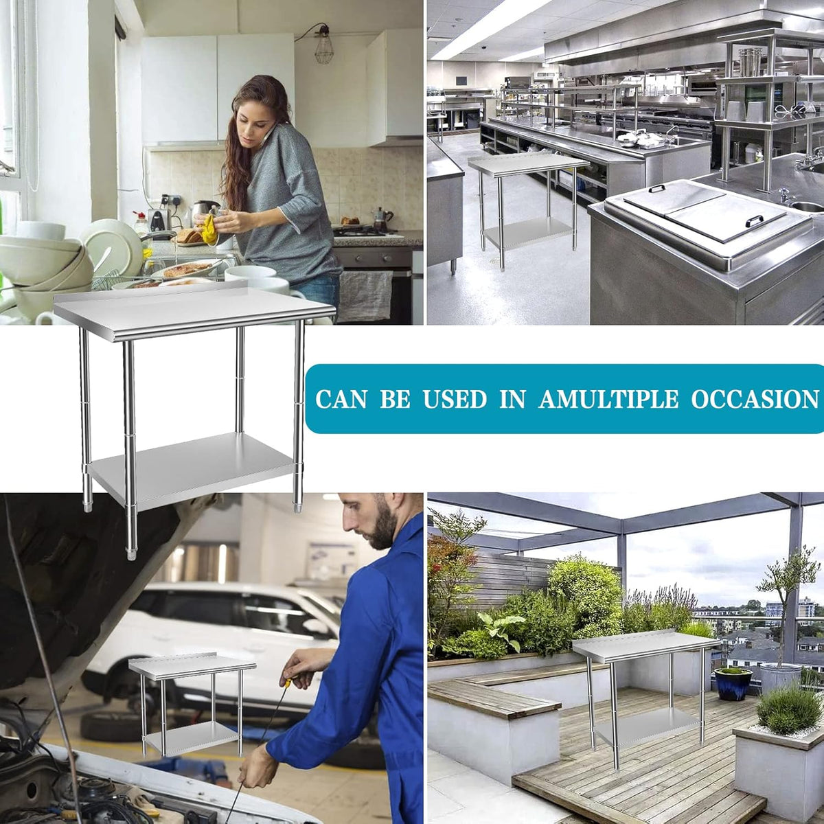 Stainless Steel Work Table with Casters, Backsplash, Adjustable Undershelf I7840