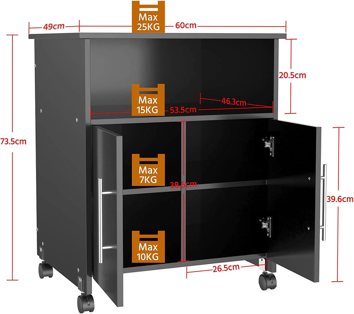 Black Rolling Wood File Cabinet with Open Storage Shelves K26529