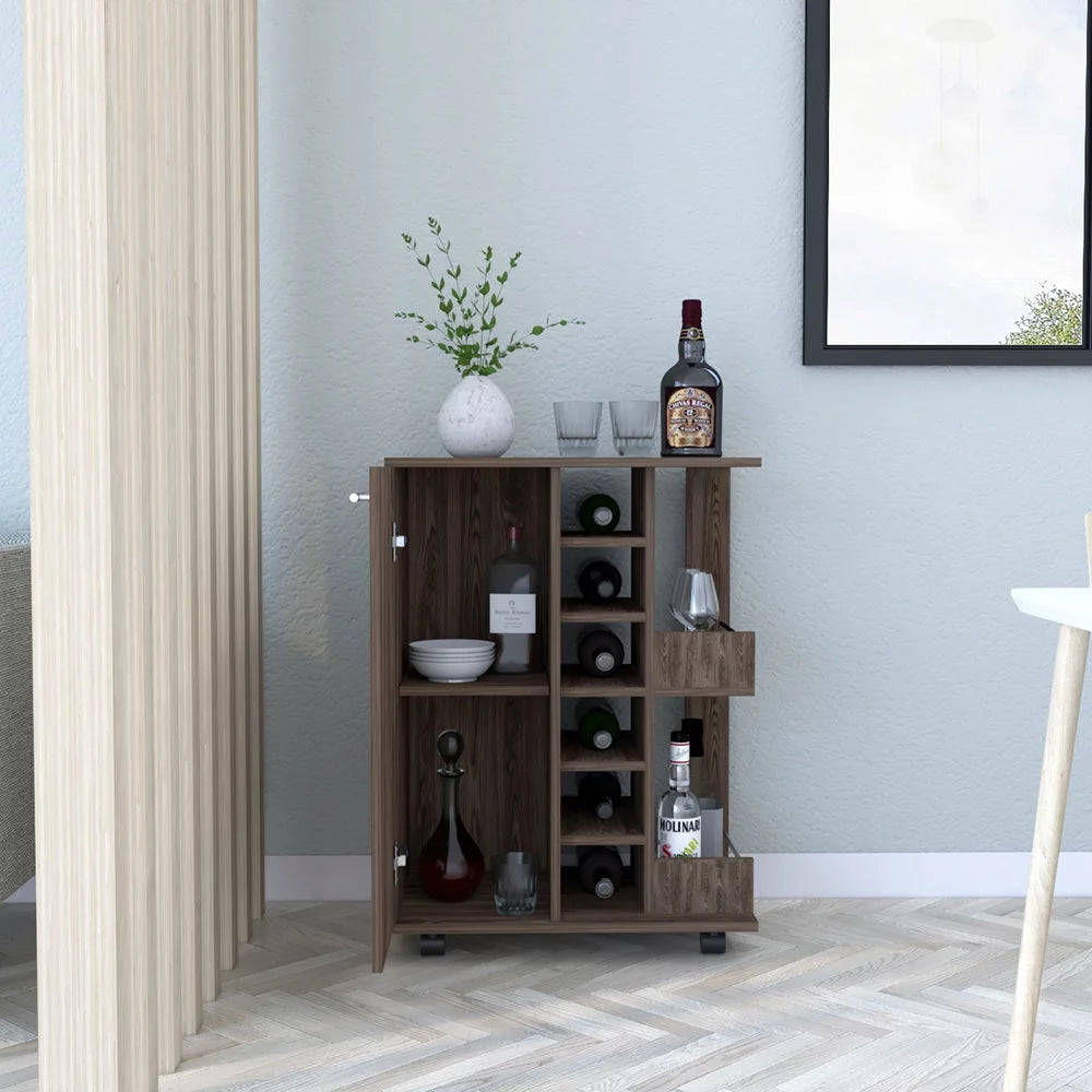 Bar Cart with Four Casters Dark Walnut Finish R895