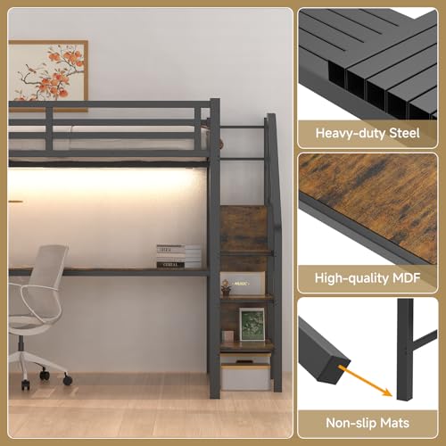 Full Size Metal Loft Bed with Desk and Wardrobe B732