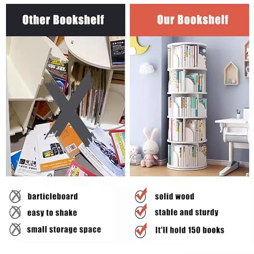 5 Tier White Solid Wood Rotating Bookshelf U63121