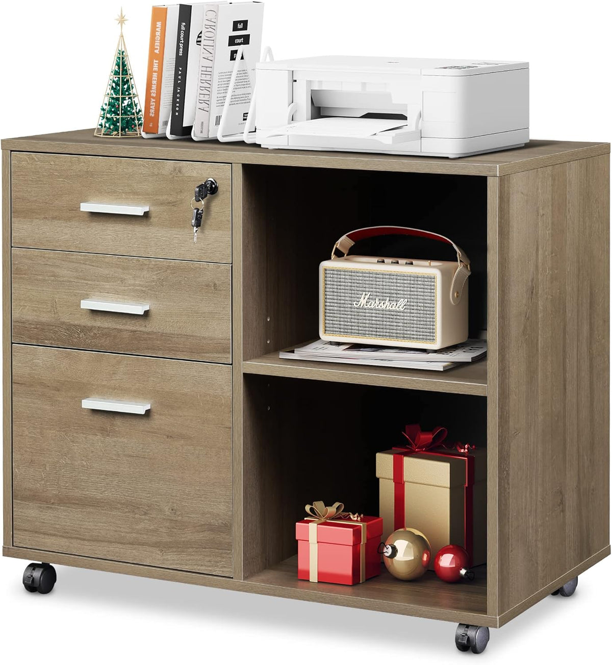 Gray Oak 3-Drawer Wood File Cabinet with Lock G26574