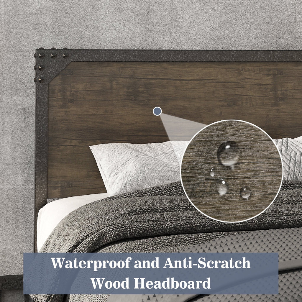 Queen Size Brown Metal Platform Bed Frame with Wooden Headboard B899