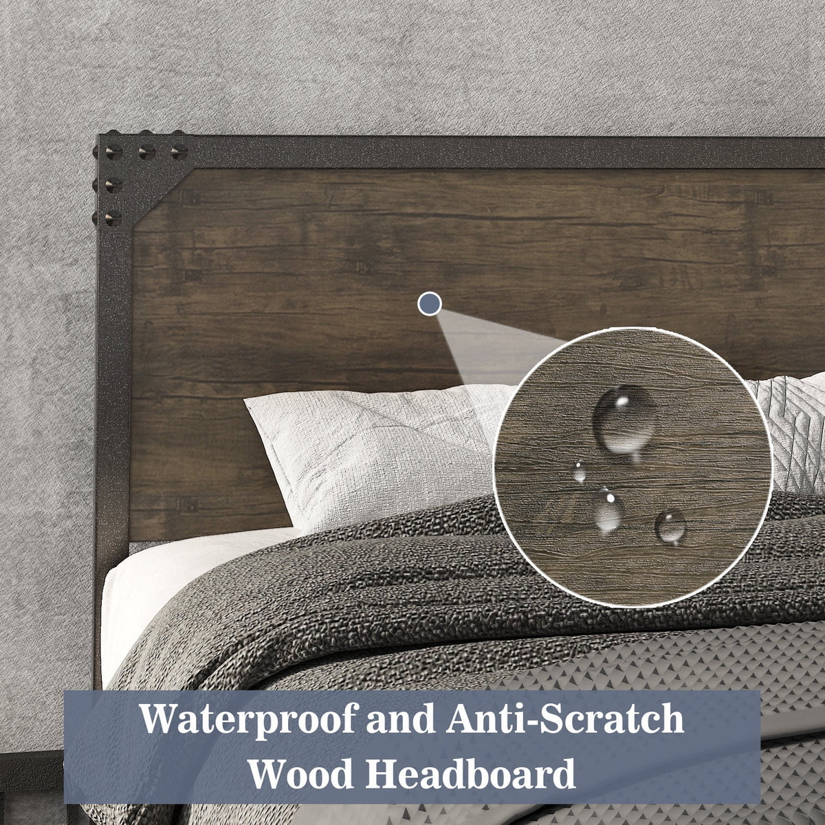 Queen Size Brown Metal Platform Bed Frame with Wooden Headboard B899
