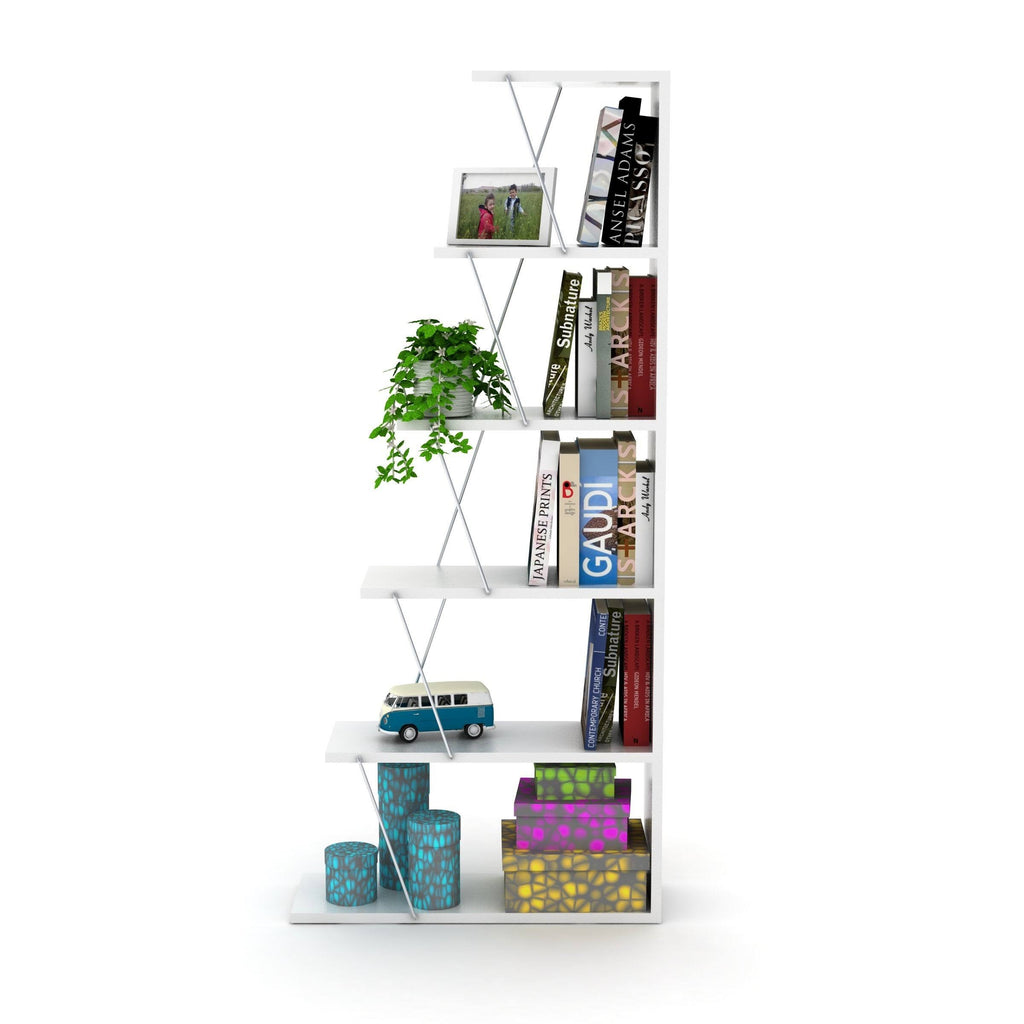 Chrome-White 5-Shelf Angled Bookcase M723595