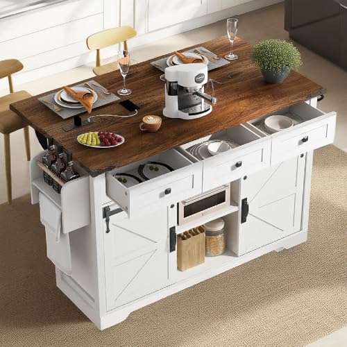 White Farmhouse Kitchen Island with Power Outlet, 2 Sliding Barn Door Storage, Drop Leaf, 3 Drawers, Rolling Cart on Wheels I278445