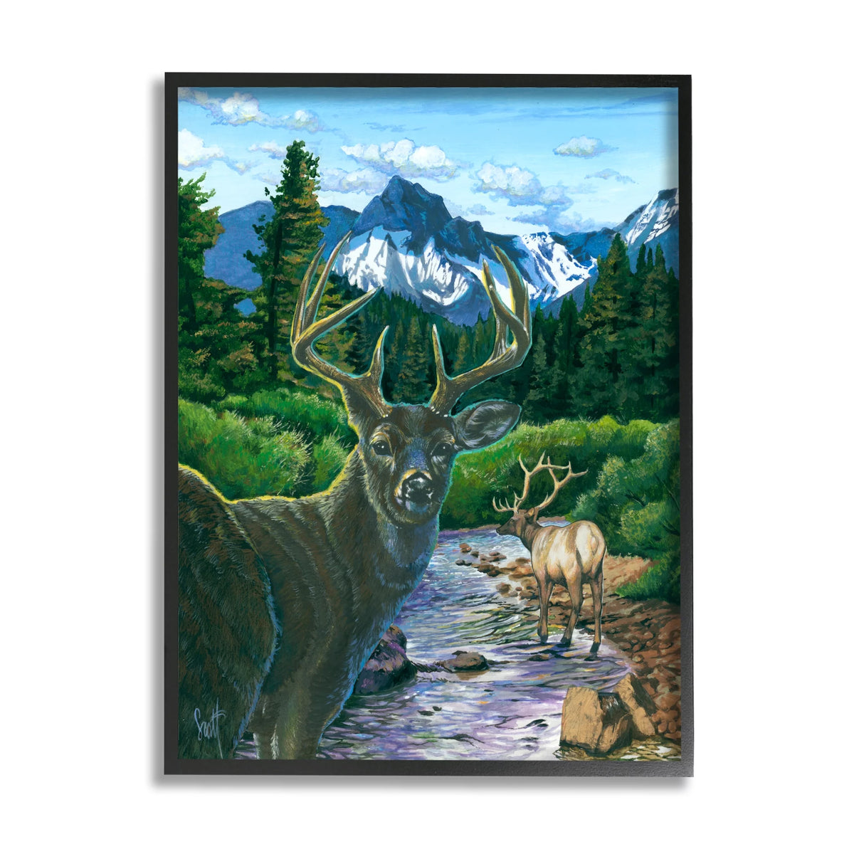 Deer in Mountain Scenery Black Framed Art Print Q504