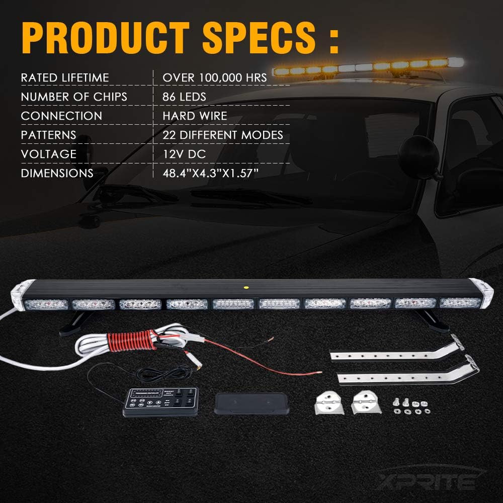 48 White Amber Emergency Strobe Light Bar LED Lightbar with Adjustable Brackets H9659