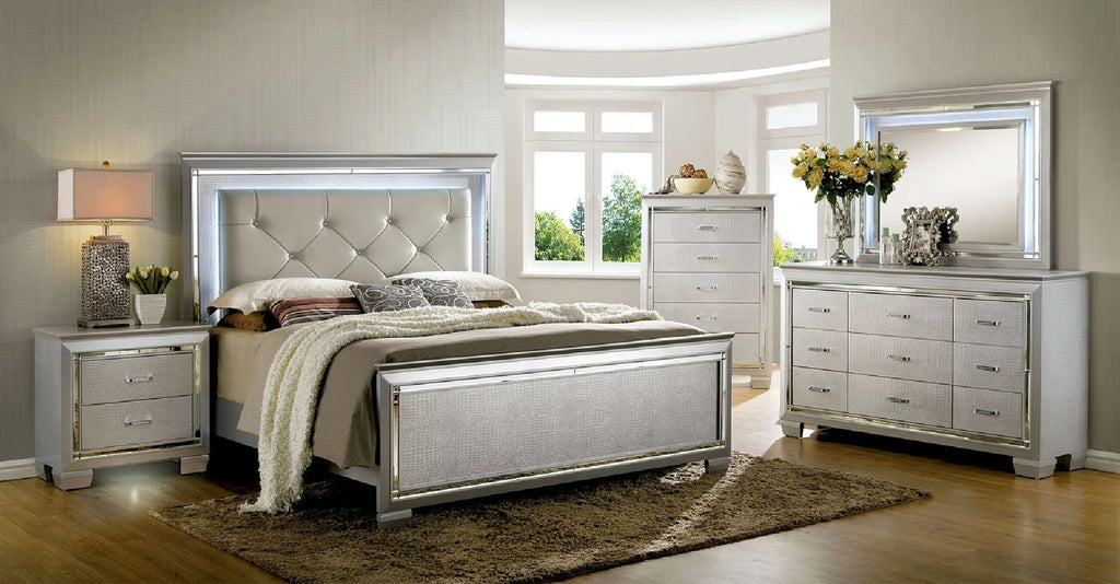 Silver 4pc Eastern King Size Bed Dresser Mirror Nightstand Set U1152