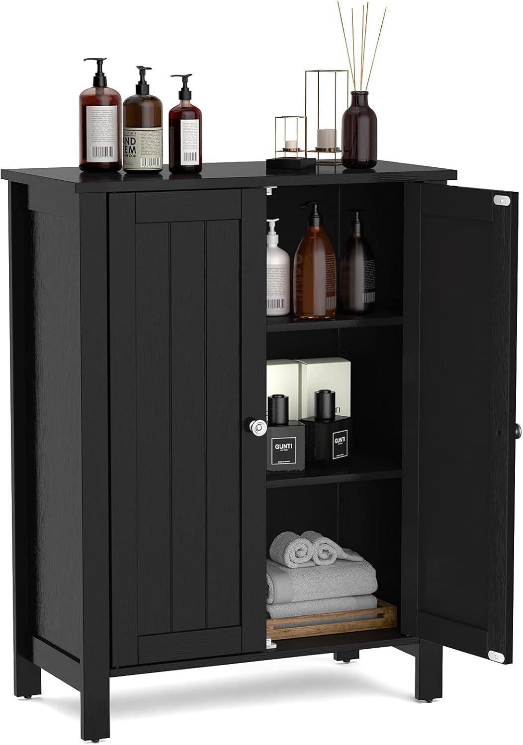 White Wooden Bathroom Floor Cabinet with 3-Tier Adjustable Shelf and Double Doors H318402