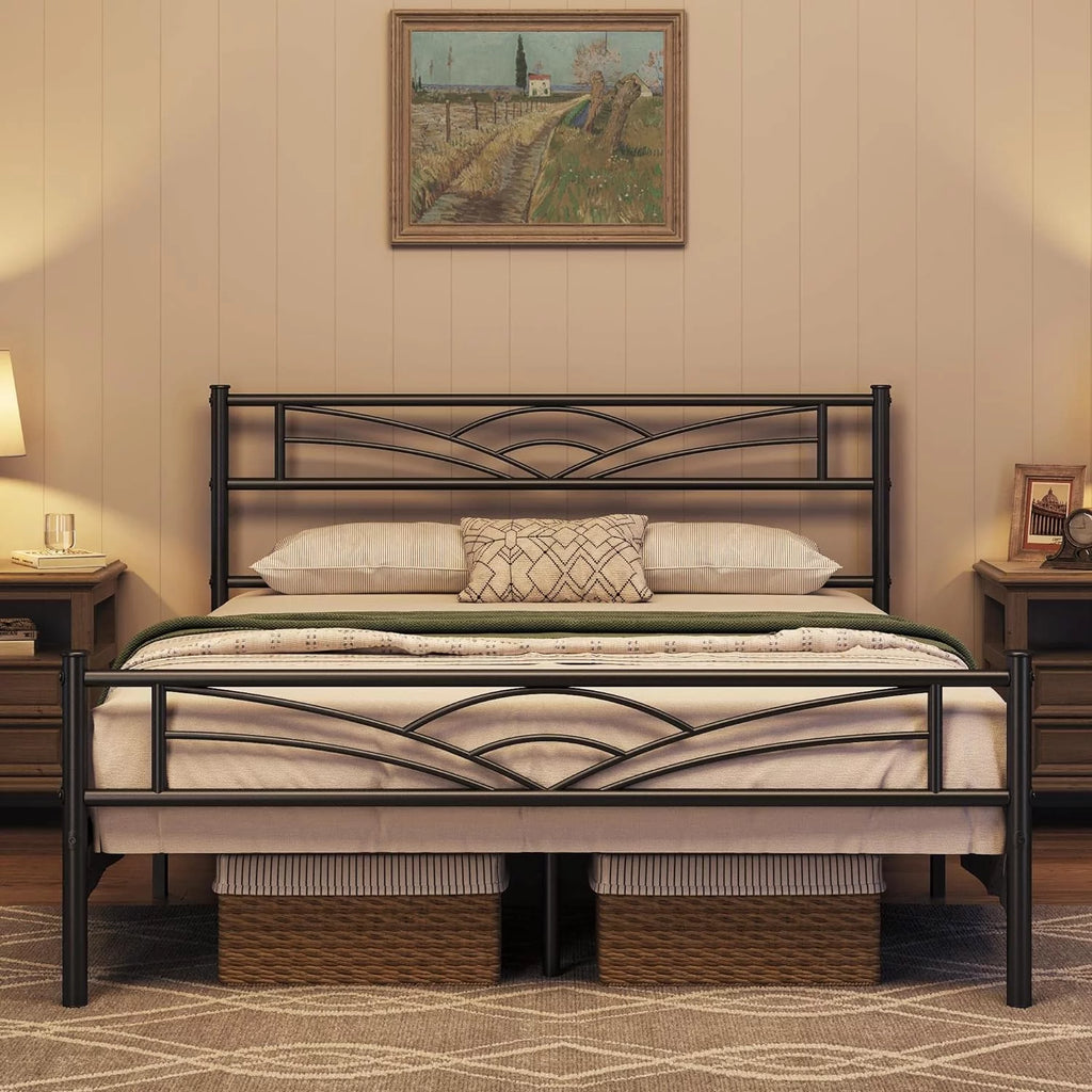 Queen Size Black Metal Platform Bed Frame with Headboard J70077