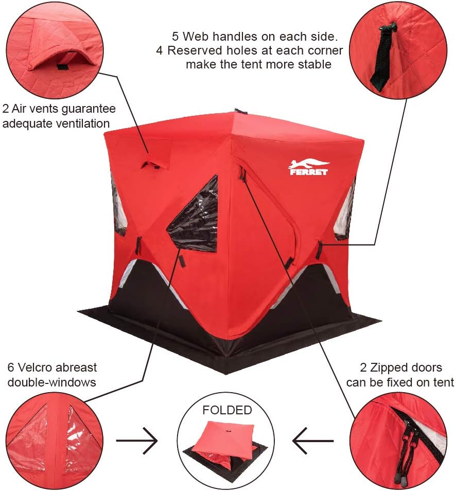 Red 1-2 Person 58X58X66 Waterproof Pop-up Ice Shelter Tent with Carrier Bag X772744