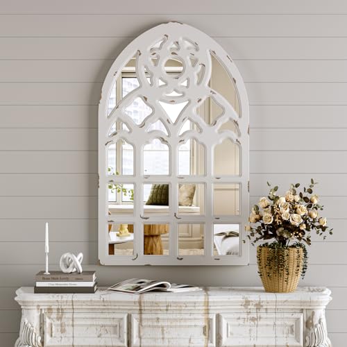 White Arched Wood Framed Window Mirror 23.6"x38"x1.2" Z9958