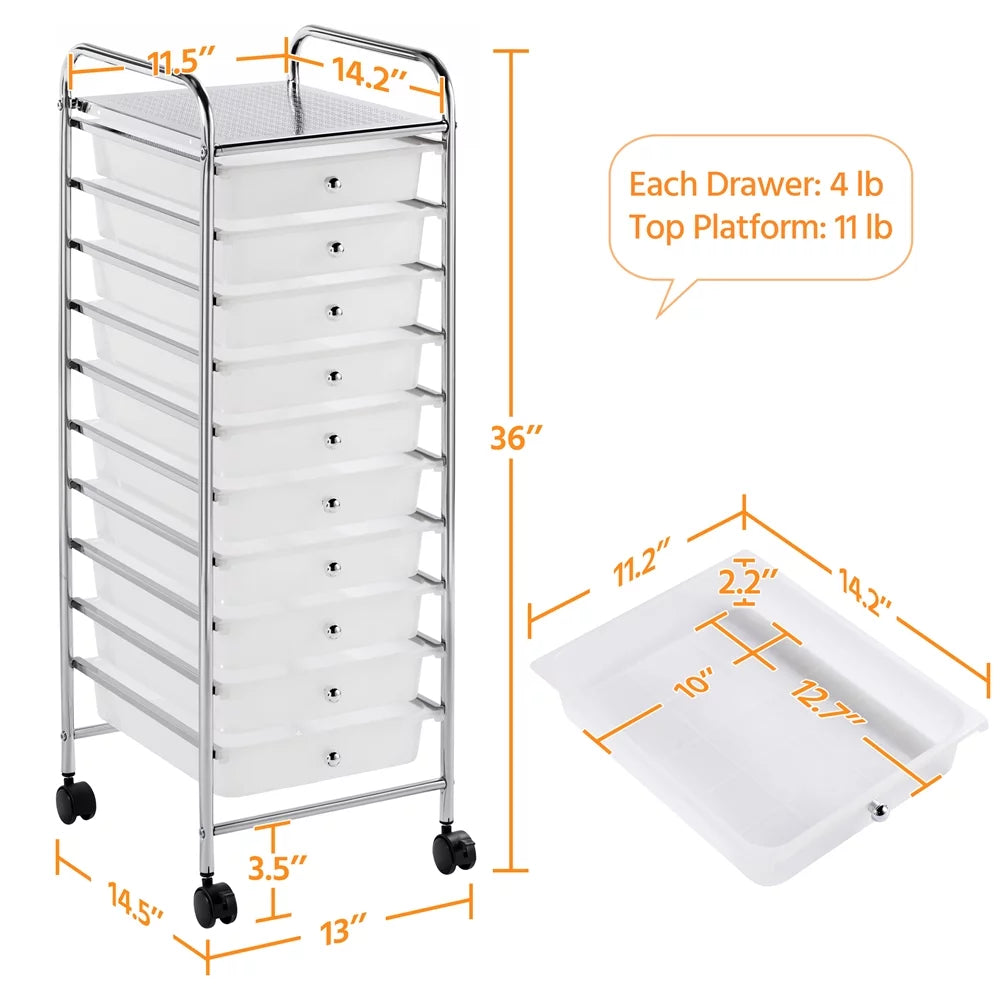 White 10 Drawer Rolling Storage Cart S90579