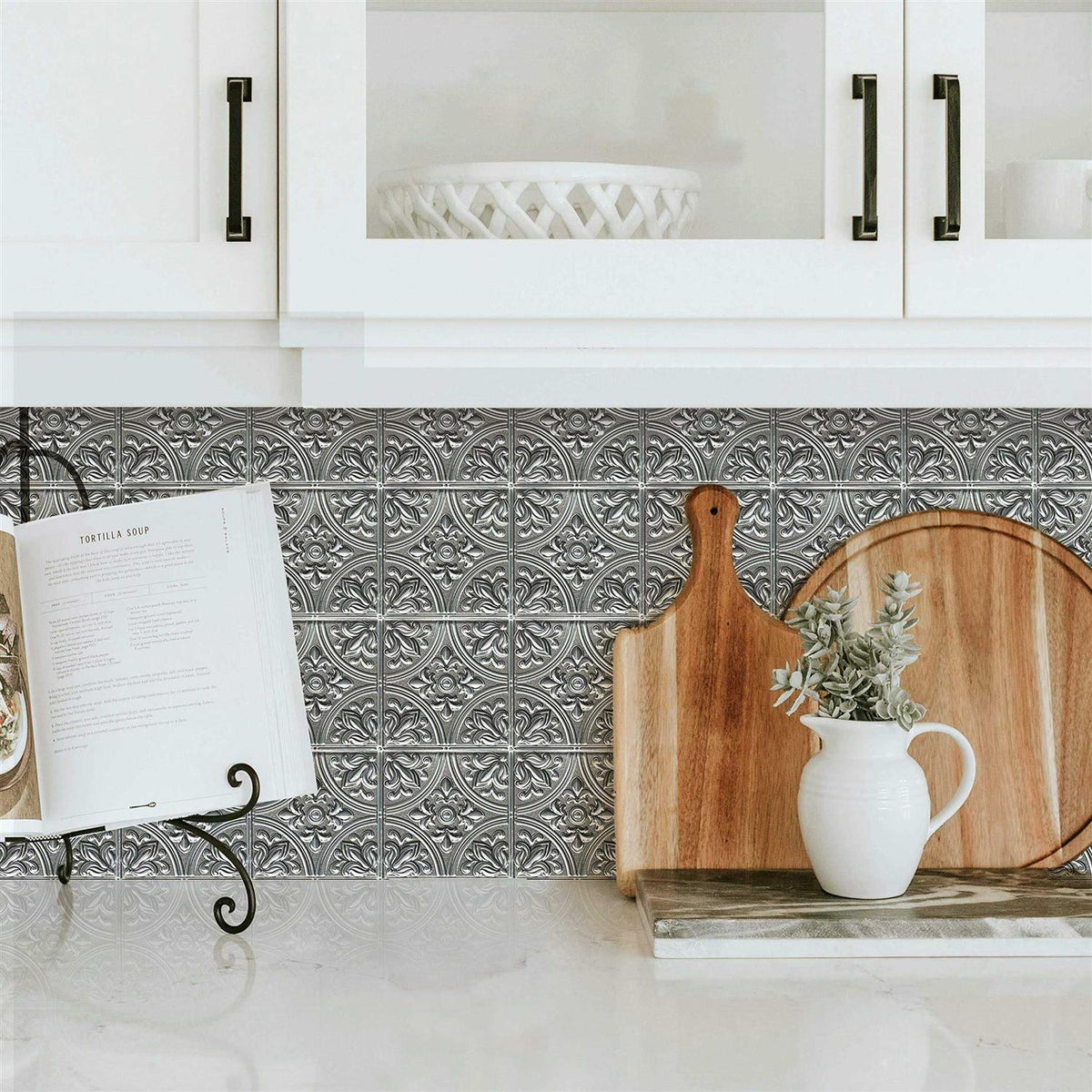 Silver Tin Peel and Stick Tile Backsplash L316