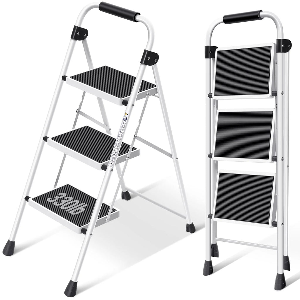 3 Step Folding Step Stool with Handrail White W595727