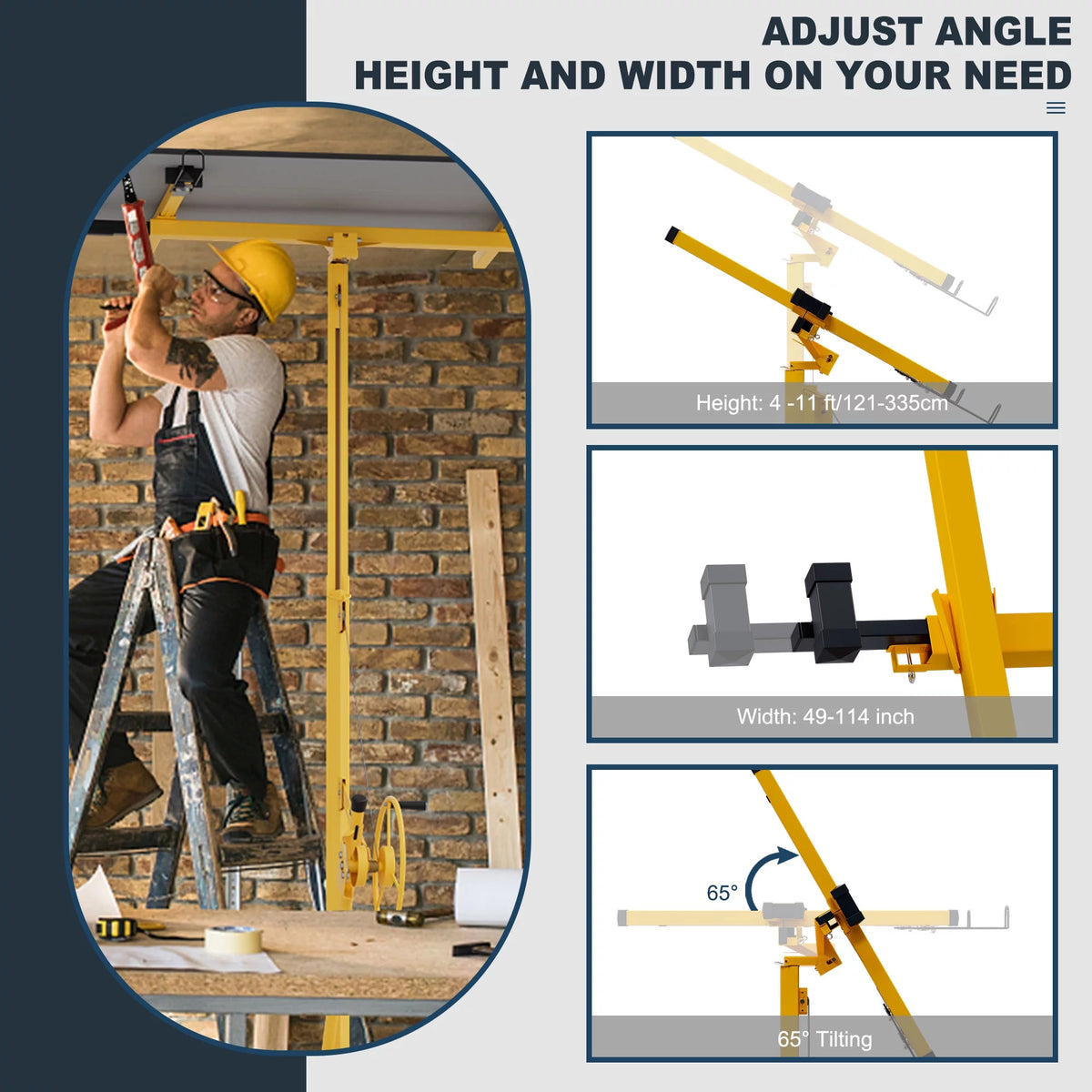 11FT Drywall Rolling Lifter Panel Hoist Jack Tool, Steel, 150lb Capacity, Yellow X3218