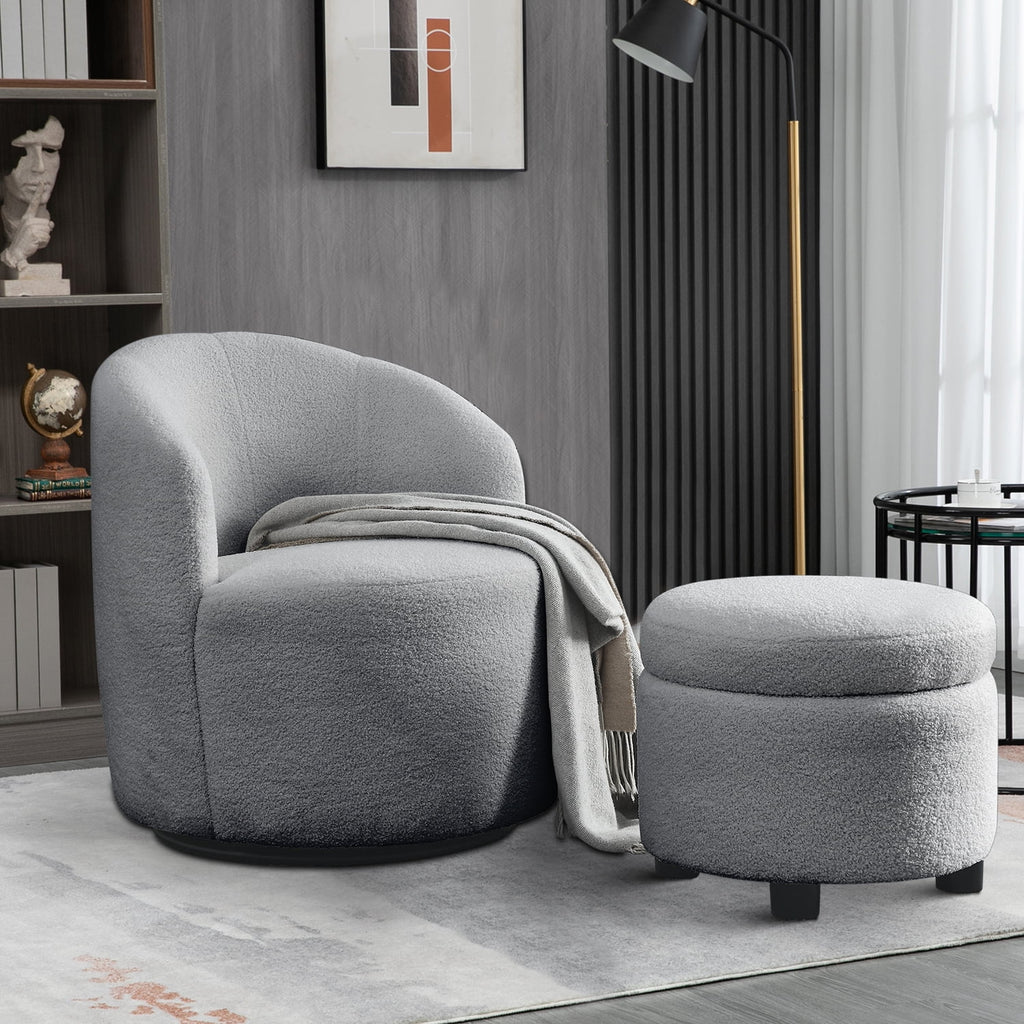 Grey Teddy Fabric Upholstered Swivel Barrel Chair with Storage Ottoman U291